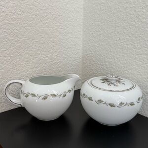 Vintage FLAIR Irene 4149 Japan Sage Wreath Leaf Floral Sugar Bowl & Creamer Set